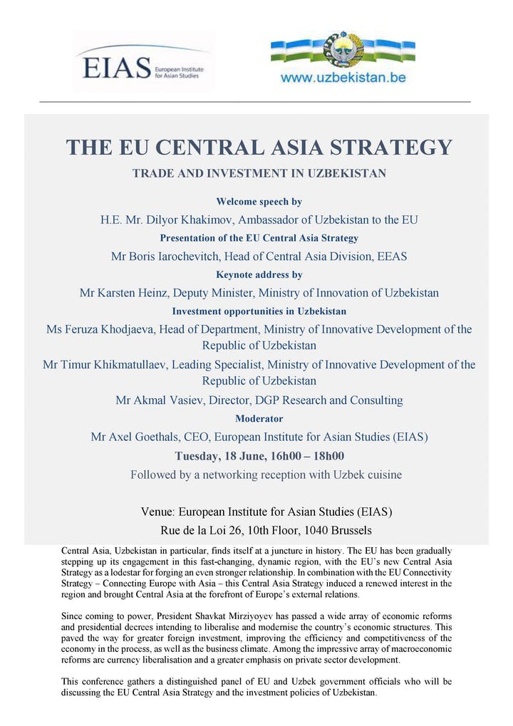Affiche. The EU Central Asia Strategy Trade and Investment in Uzbekistan. 2019-06-18